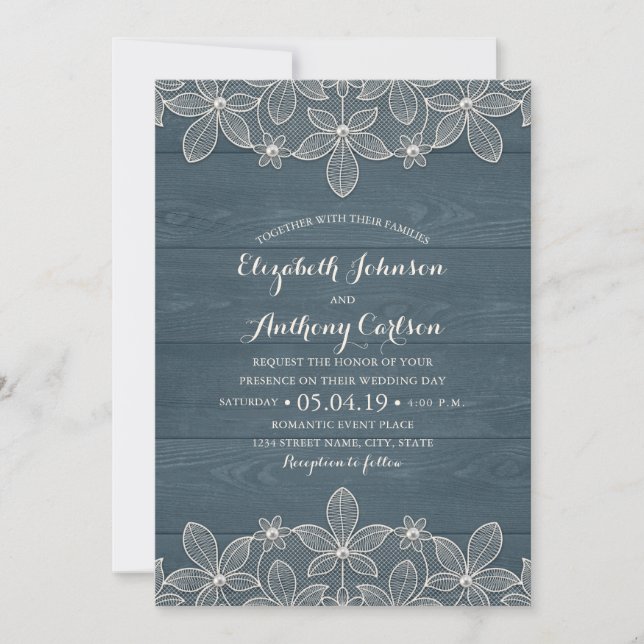 Invitación Dusty Blue Rustic Wood Lace y Pearls Boda (Anverso)
