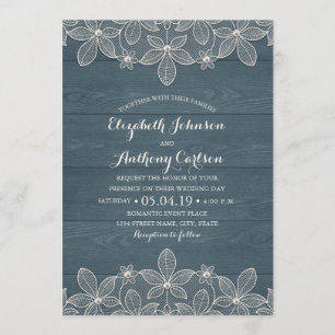 Invitación Dusty Blue Rustic Wood Lace y Pearls Boda