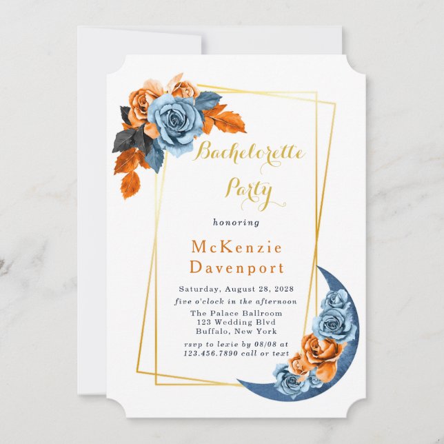 Invitación Dusty Blue & Rusty Peony Floral Bachelorette Party (Anverso)