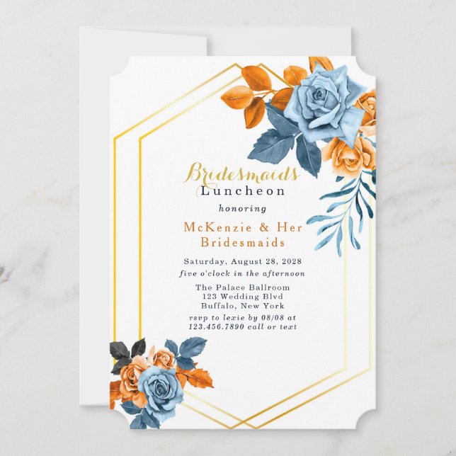 Invitación Dusty Blue & Rusty Peony Floral Bridesmaids Lunes (Anverso)