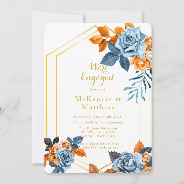 Invitación Dusty Blue & Rusty Peony Gold Engagement Party (Anverso)