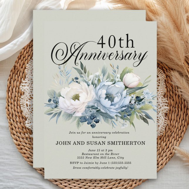 Invitación Dusty Blue Sage Green 40º Aniversario (Dusty blue watercolor floral and sage green 40th wedding anniversary invitation)