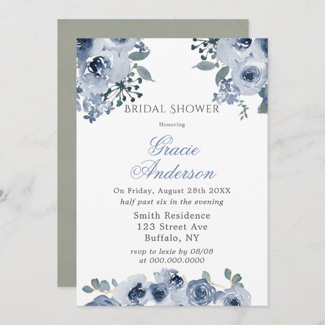 Invitación Dusty Blue Sage Pintado Peony Bridal Shower Invita (Anverso / Reverso)