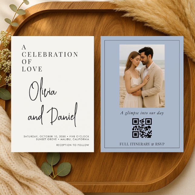 Invitación Dusty Blue Script Photo QR Code Wedding (Subido por el creador)