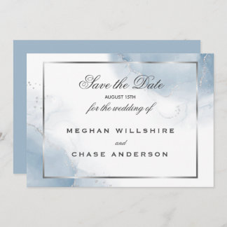 Invitación Dusty Blue Script Silver Guardar la fecha