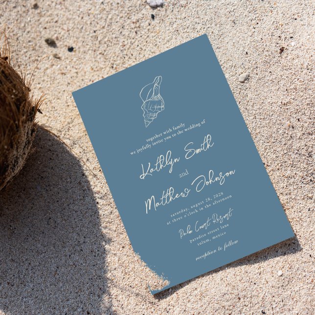 Invitación Dusty Blue Shell Beach Ocean Destination Wedding (Subido por el creador)