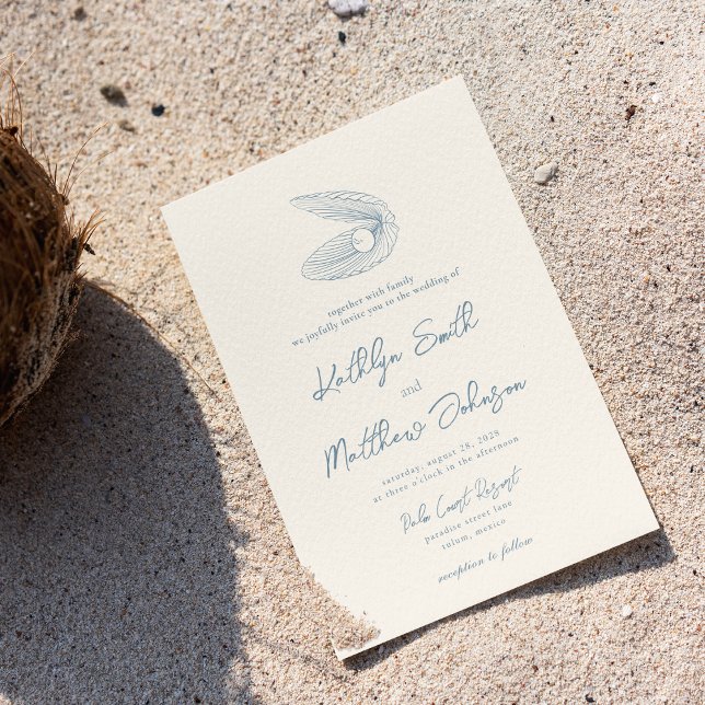 Invitación Dusty Blue Shell Beach Ocean Destination Wedding (Subido por el creador)