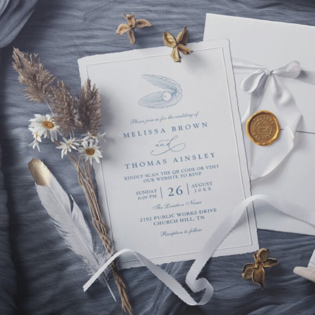 Invitación Dusty Blue Shell Beach Ocean QR Code Wedding (Subido por el creador)