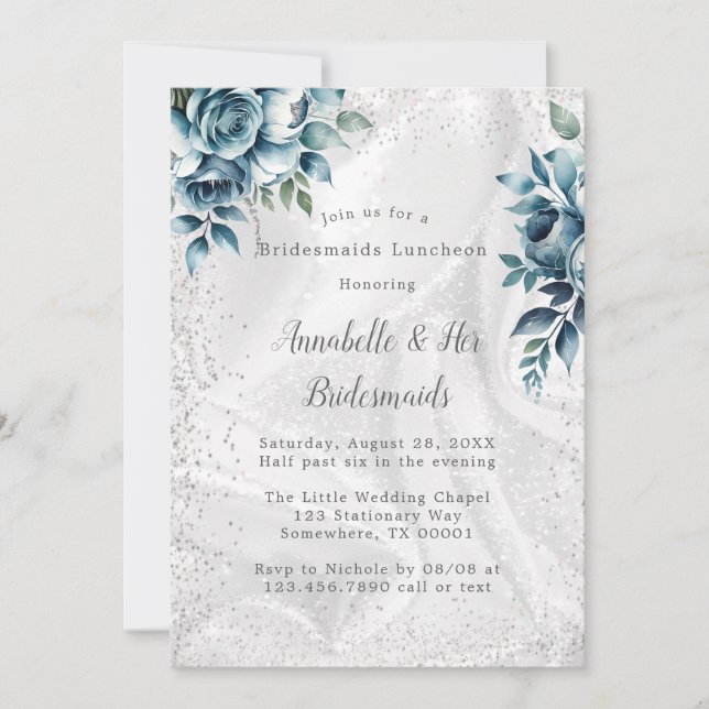 Invitación Dusty Blue Silver Bouquet Bridesmaids Luncheon (Anverso)