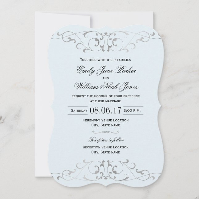 Invitación Dusty Blue Silver Elegant Wedding Invitation (Anverso)
