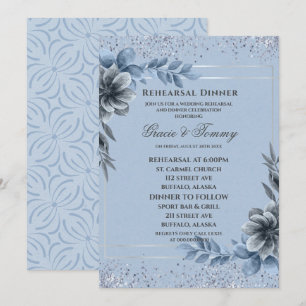 Invitación Dusty Blue Silver Ensayo Floral Cena