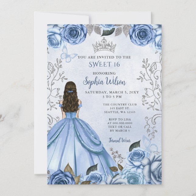 Invitación Dusty Blue Silver Floral Princesa Dulce 16 (Anverso)