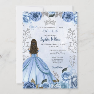Invitación Dusty Blue Silver Floral Princesa Dulce 16