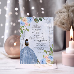 Invitación Dusty Blue Silver Floral Princesa Dulce 16