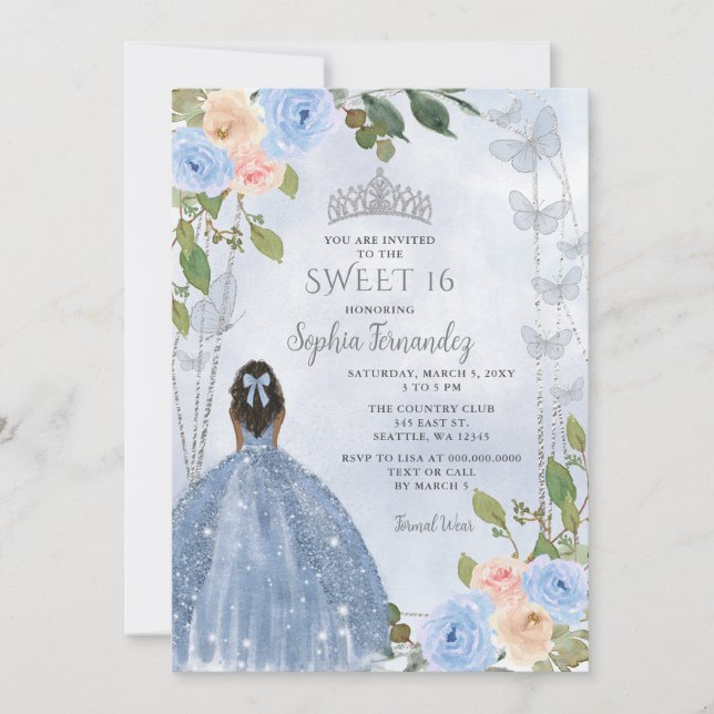 Invitación Dusty Blue Silver Floral Princesa Dulce 16 (Anverso)