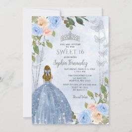 Invitación Dusty Blue Silver Floral Princesa Dulce 16