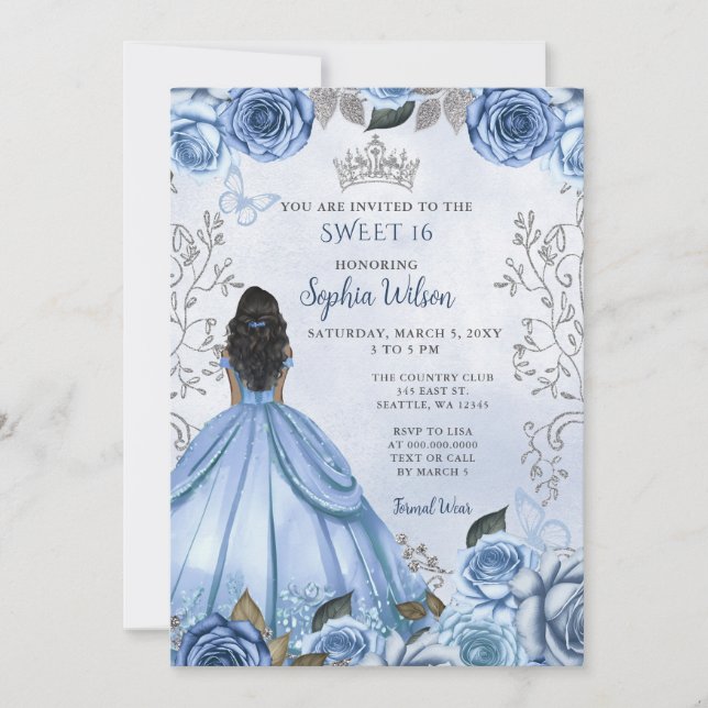 Invitación Dusty Blue Silver Floral Princess SWEET 16 (Anverso)