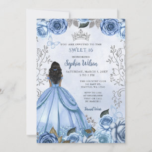 Invitación Dusty Blue Silver Floral Princess SWEET 16
