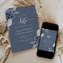 Invitación Dusty Blue Silver Floral Wedding Save the Date