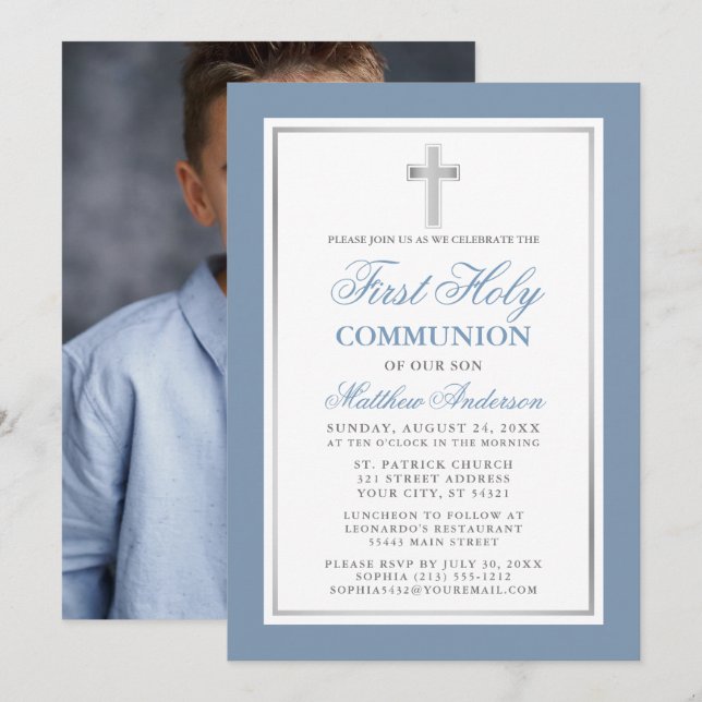 Invitación Dusty Blue Silver foto de primera comunión (Anverso / Reverso)