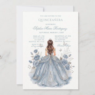Invitación Dusty Blue Silver Princess Floral Quinceañera