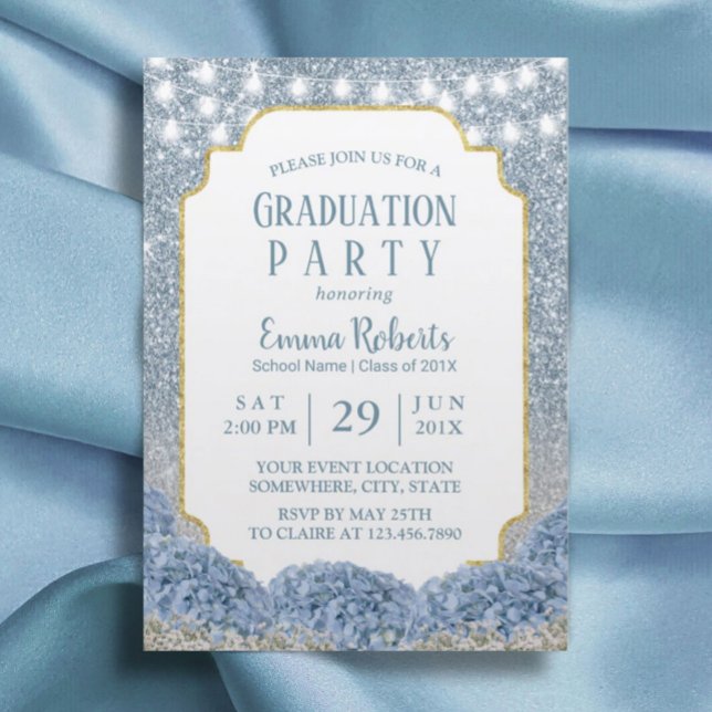 Invitación Dusty Blue & Silver Purpurina Ombre Graduación (Subido por el creador)