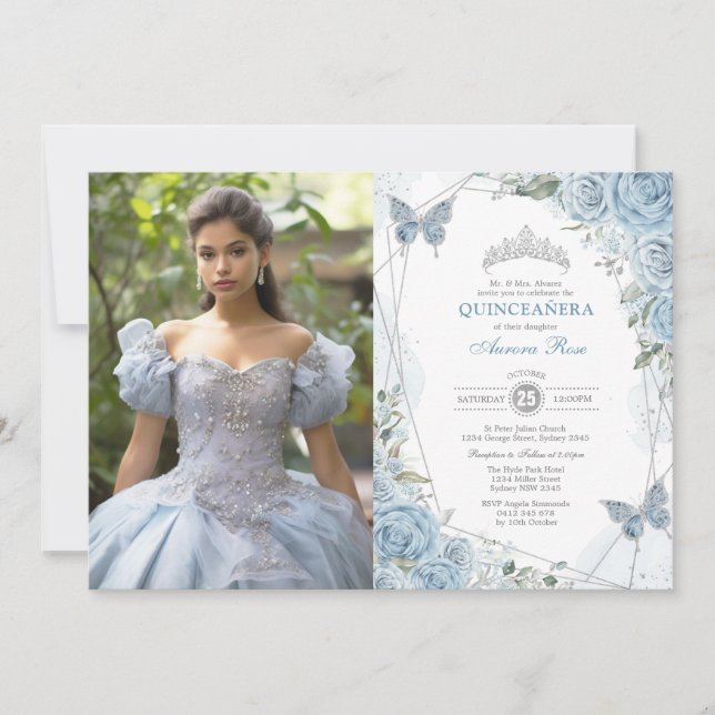 Invitación Dusty Blue Silver Quinceañera Butterfly Photo (Anverso)