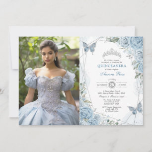 Invitación Dusty Blue Silver Quinceañera Butterfly Photo