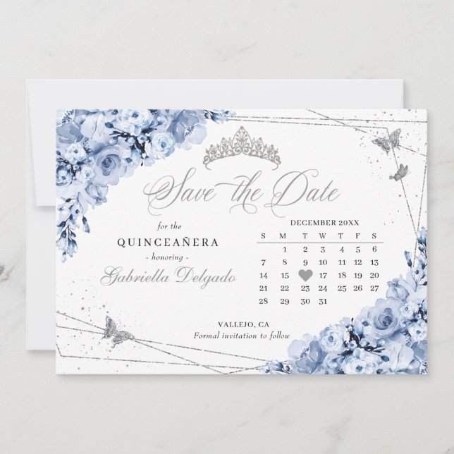 Invitación Dusty Blue & Silver Quinceañera Guardar la fecha (Anverso)