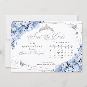Invitación Dusty Blue & Silver Quinceañera Guardar la fecha