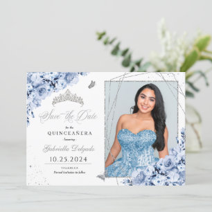Invitación Dusty Blue Silver Quinceañera Guardar la foto de l