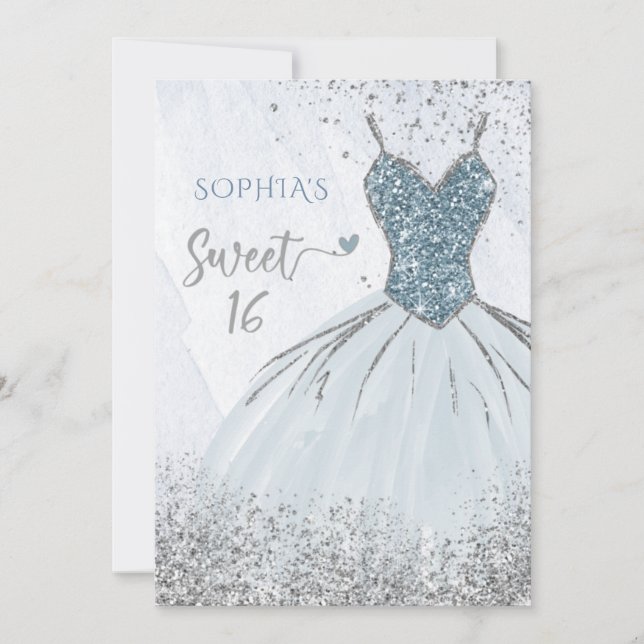 Invitación Dusty Blue Silver Sparkle Vestido dulce de 16 años (Anverso)