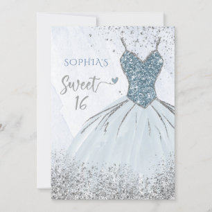 Invitación Dusty Blue Silver Sparkle Vestido dulce de 16 años