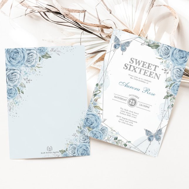 Invitación Dusty Blue Silver Sweet 16 Butterfly Cumpleaños (Subido por el creador)