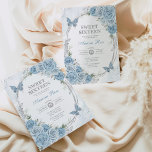Invitación Dusty Blue Silver Sweet Dieciséis cumpleaños 16<br><div class="desc">¡La invitación perfecta para el dulce 16 de tu hija está por fin aquí! El diseño de la moda incluye elegantes acuarelas de rosas de color azul, mariposas dulces y un moderno marco de plata oval. Haga clic en el botón "personalizar adicional" si desea reorganizar y formatear el estilo y...</div>