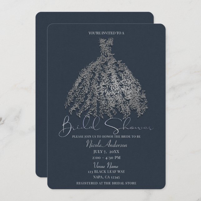 Invitación Dusty Blue Silver Vestido Botánico Ducha Nodal (Anverso / Reverso)