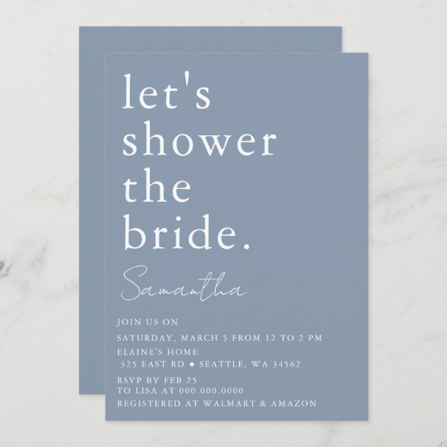Invitación Dusty Blue Simple Elegante Ducha Bridal Moderno (Anverso / Reverso)