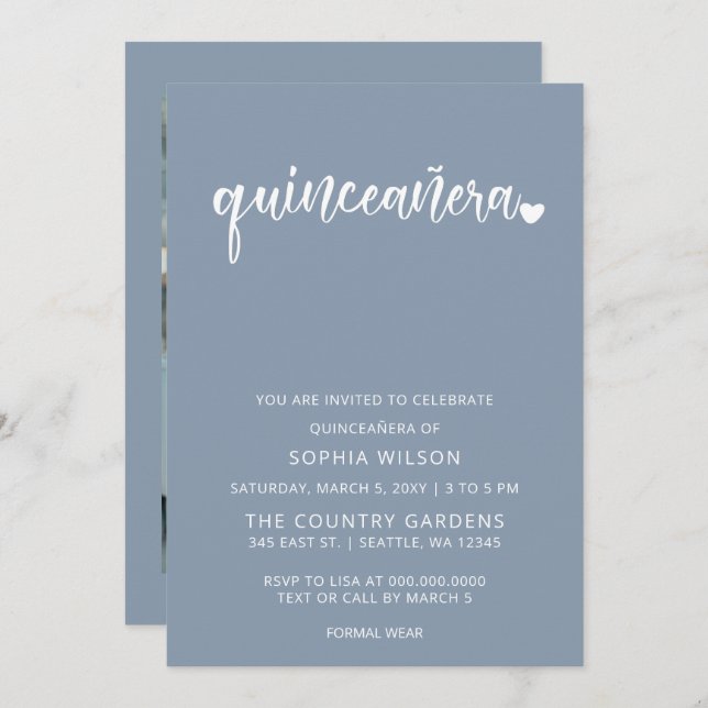 Invitación Dusty Blue Simple Script Quinceanera Photo (Anverso / Reverso)