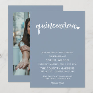 Invitación Dusty Blue Simple Script Quinceanera Photo