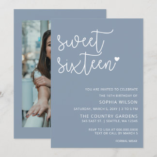 Invitación Dusty Blue Simple Script Sweet 16 Birthday Photo I