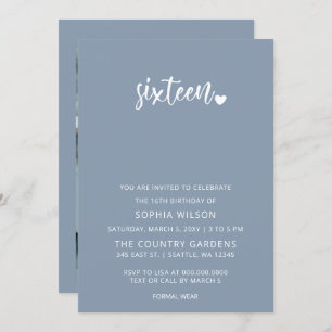 Invitación Dusty Blue Simple Script Sweet 16 Fotos de cumplea