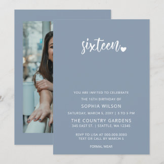 Invitación Dusty Blue Simple Script Sweet 16 Fotos de cumplea
