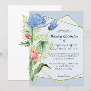 Invitación Dusty Blue Simple Watercolor Floral Moderno Boda F