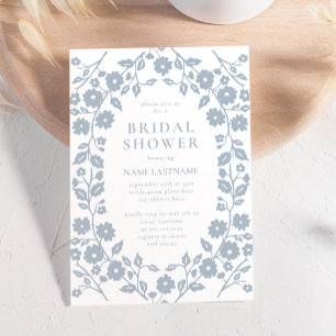 Invitación Dusty Blue Simple White Folk Floral Bridal Shower