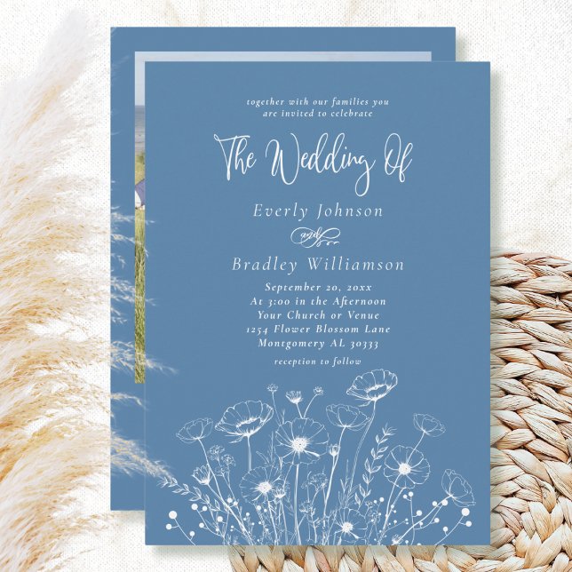 Invitación Dusty Blue Simple Wildflower Floral Photo Boda (Subido por el creador)