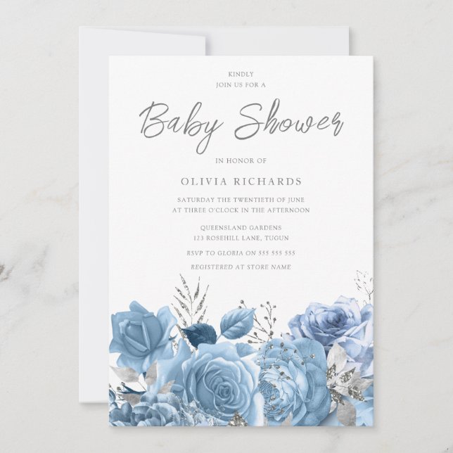 Invitación Dusty Blue Sky Floral Baby Shower (Anverso)