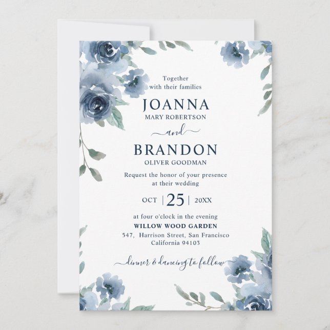 Invitación Dusty Blue Slate Floral Boda de Moda Botánica (Anverso)
