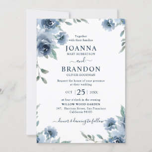 Invitación Dusty Blue Slate Floral Boda de Moda Botánica