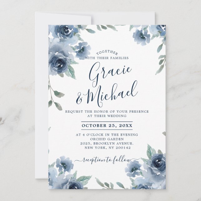 Invitación Dusty Blue Slate Floral Boda de Moda Botánica (Anverso)
