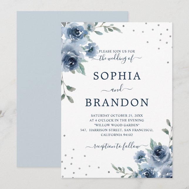 Invitación Dusty Blue Slate Floral Boda de Moda Botánica (Anverso / Reverso)